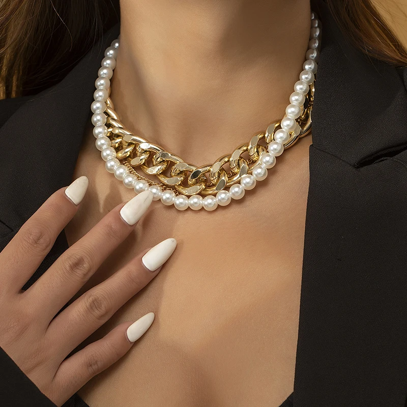 Chunky Layered Necklace For Women – Pearl & Cuban Link Chain, Adjustable Vintage Choker | Gold-Tone Jewelry Gift