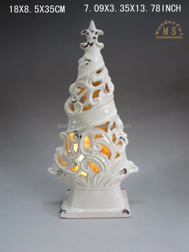 Porcelain White Tree Shaped Ornament with Led Light Nordic Style Ceramic Figurine for Home Decoration
