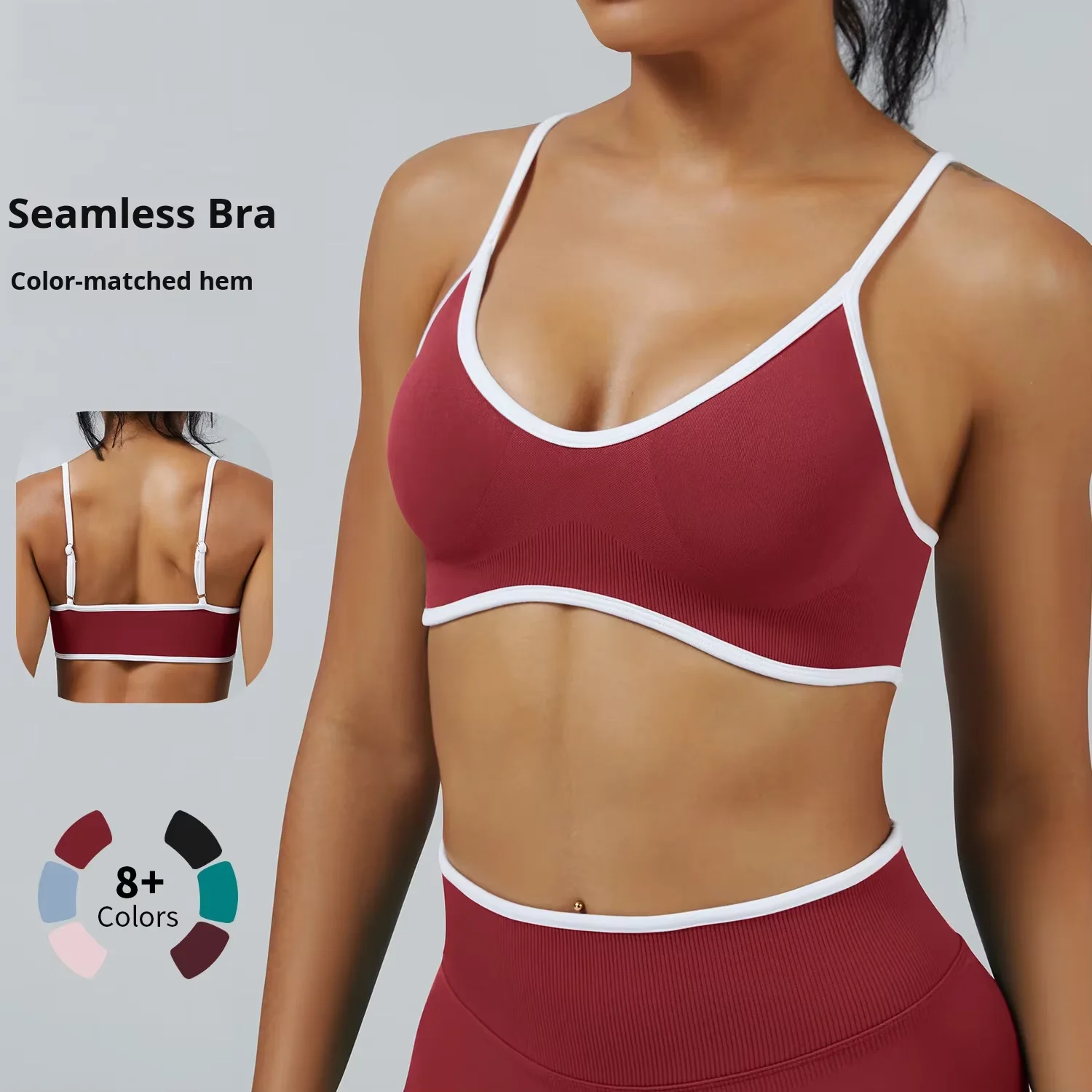 High Support Spaghetti Strap Shockproof Yoga Sports Bra with Front Logo and Color Contra