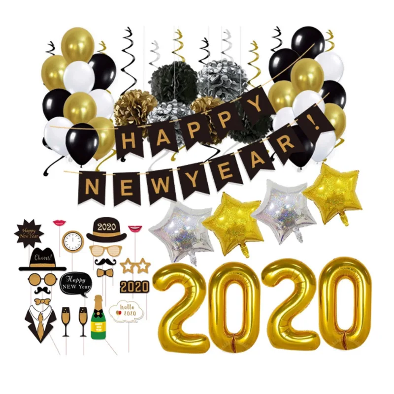 2020 Happy New Year Gold Silver Foil Balloons Party Decoration Christmas Decor