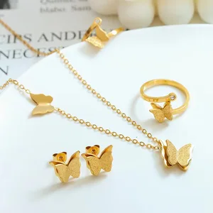 New Arrival Fashion Jewelry Set Butterfly Tassel Matt Brush Jewelry Gold Plated Jewellery Earrings and Necklace Sets for Women