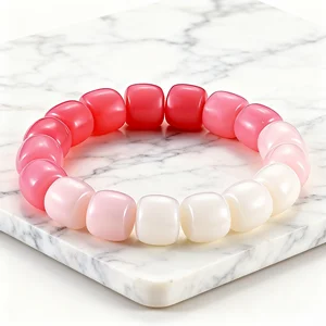 Gradient Pink White Barrel Bead Bracelet for Women Fashionable Acrylic Elastic Bracelet Trendy Jewelry Accessory Daily Wear Gift