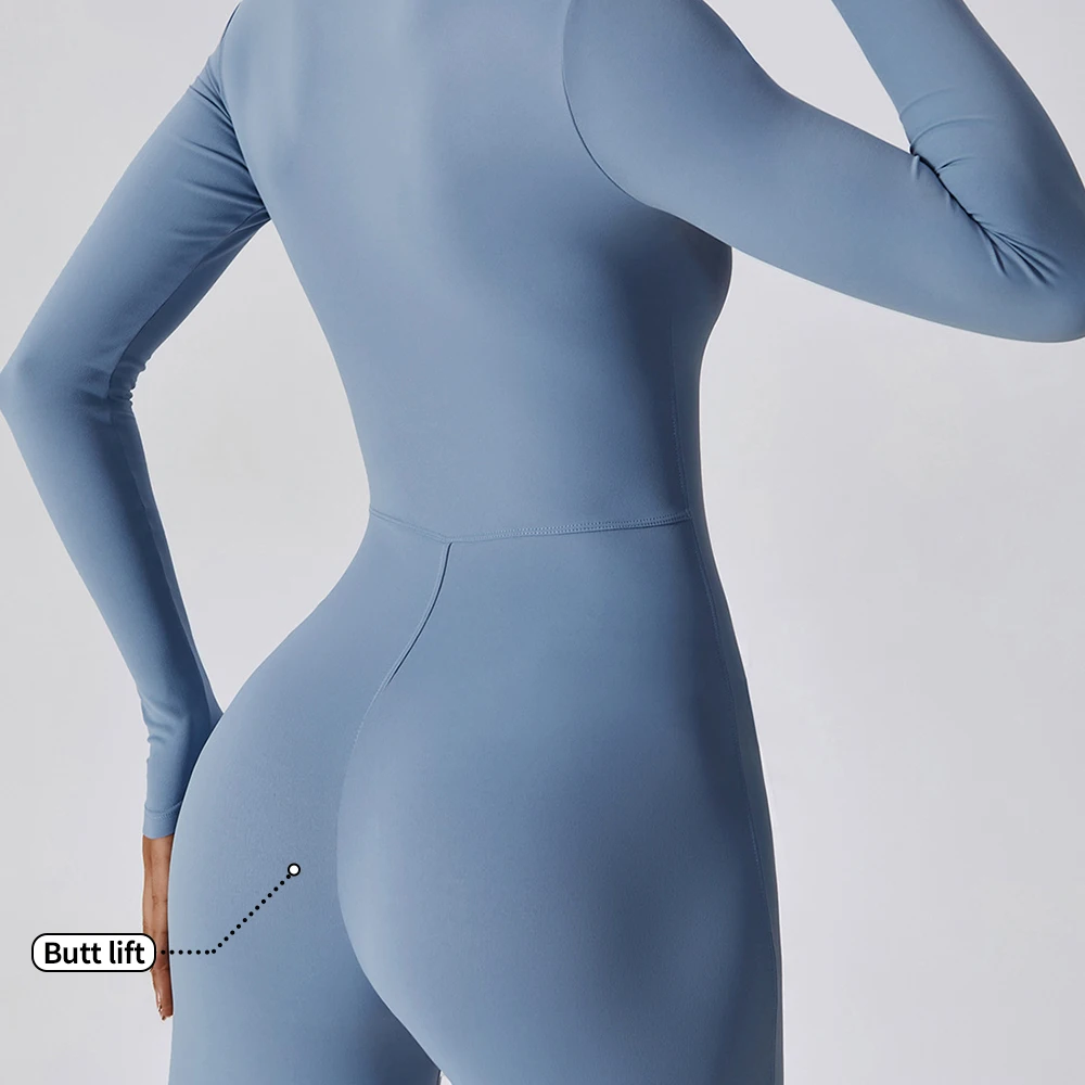  Long Sleeve Workout One Piece Set Women's Zipper Sports Yoga Jumpsuits Nude Breathable Yoga One Piece Bodysuit