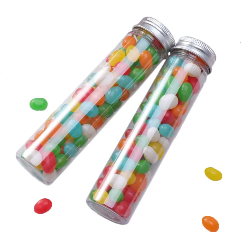 50ml 110ml 115ml 150ml Candy PET Plastic Test Tube with Aluminum Cap Flat Bottom Clear Packaging Tube for Chocolate and Sugar