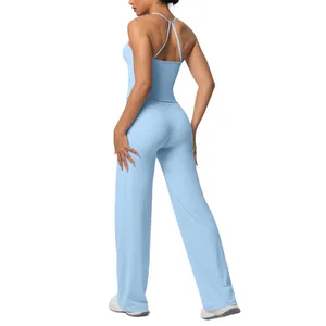 Women's Lightweight Breathable Elastic Yoga Set with Camisole Top High Waisted Straight Leg Pants Four-Way Stretch Front Logo