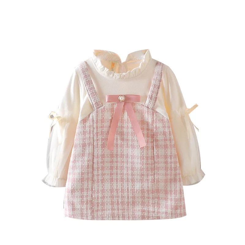 Spring Latest Design Pretty 6M to 2Y Plaid Girl Kids Long Sleeve Baby Bows Boutique Skirts 2 Year Old Girl Dresses
