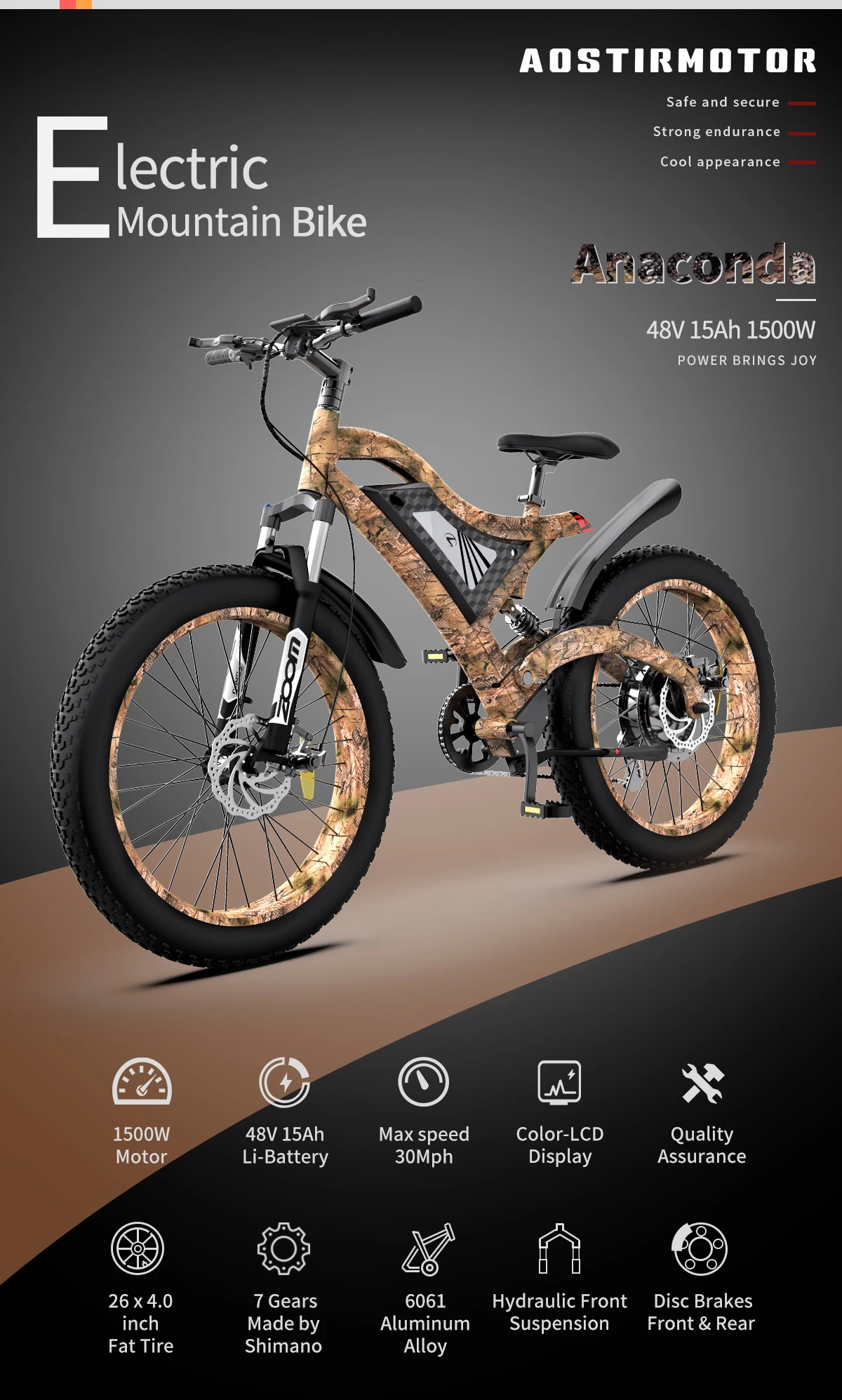 1500w Ebike 48v 15ah Electric Mountain Bike For Adult 26