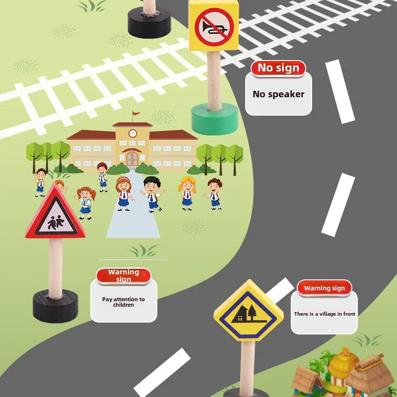 Montessori Education Play Set Kids Wooden Traffic Sign Cognitive Blocks Wood Toys for Cognitive Learning Street Signs Play