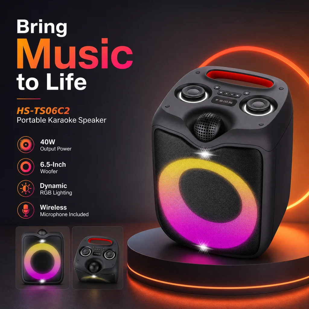HANSUO HS-TS06C2  40w 6.5 Inch Portable Karaoke Party Speaker with 3600mAh Battery Wireless Microphone USB FM and Light Effects