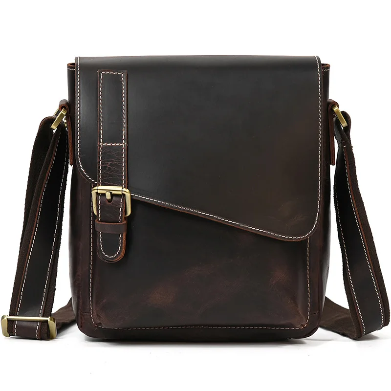 Vintage Men's Genuine Leather Shoulder Bag Crazy Horse Leather Flap Crossbody Bag Top Layer Cowhide Casual Men's Bag