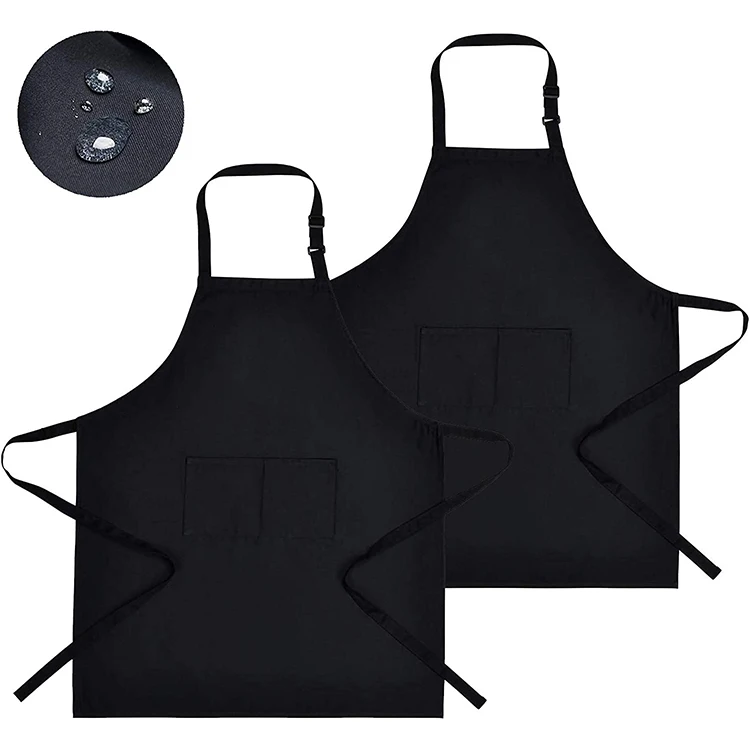 Wholesale Custom Logo Print Reusable Plain Black White Waterproof 100% Cotton Canvas Chef Kitchen Cooking Apron With Two Pockets