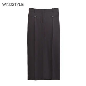 Ladies' New Autumn Fashion Breathable PU Split Straight Skirt with Button Decoration Formal Style