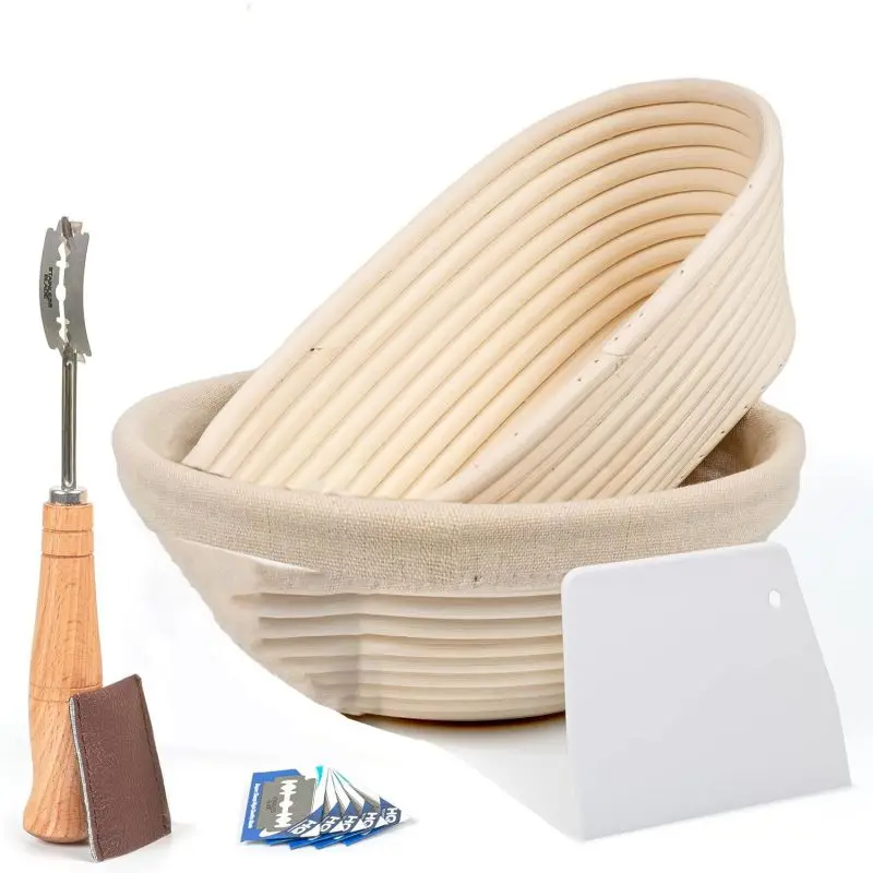 Banneton Brotgärkorb Rund, 22,9 Cm, Aus Rattan – Mit Backzubehör-Set Für Sauerteig & Brot