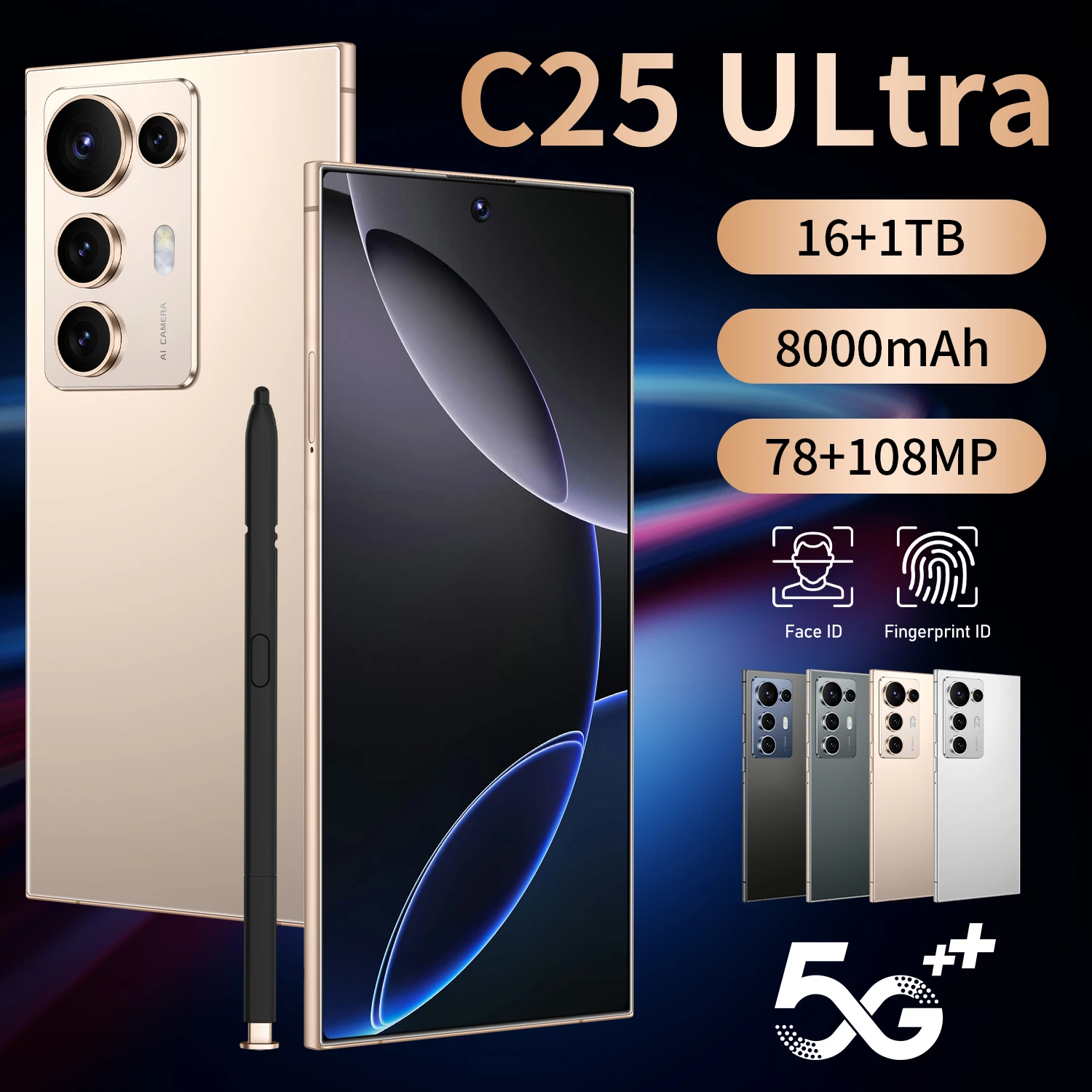 Unlocked C25 Ultra 5G Smartphone with 16GB RAM 1TB ROM High Def