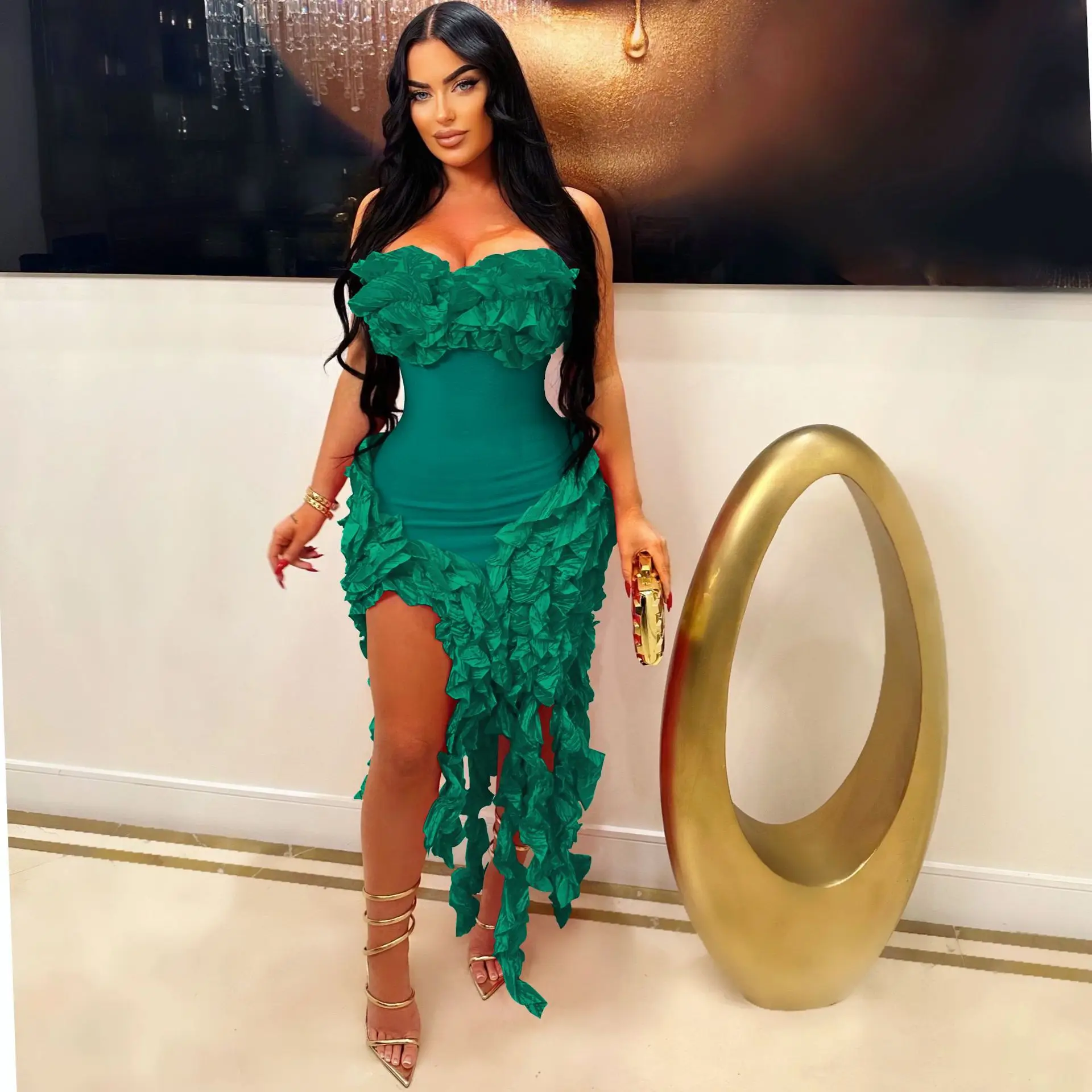 green emerald velvet dress Plus-Size Glitter Gown w/ Cowl Neck, Sensual Bodice, Mermaid Silhouette,  Leg Slit & Elegant Curve