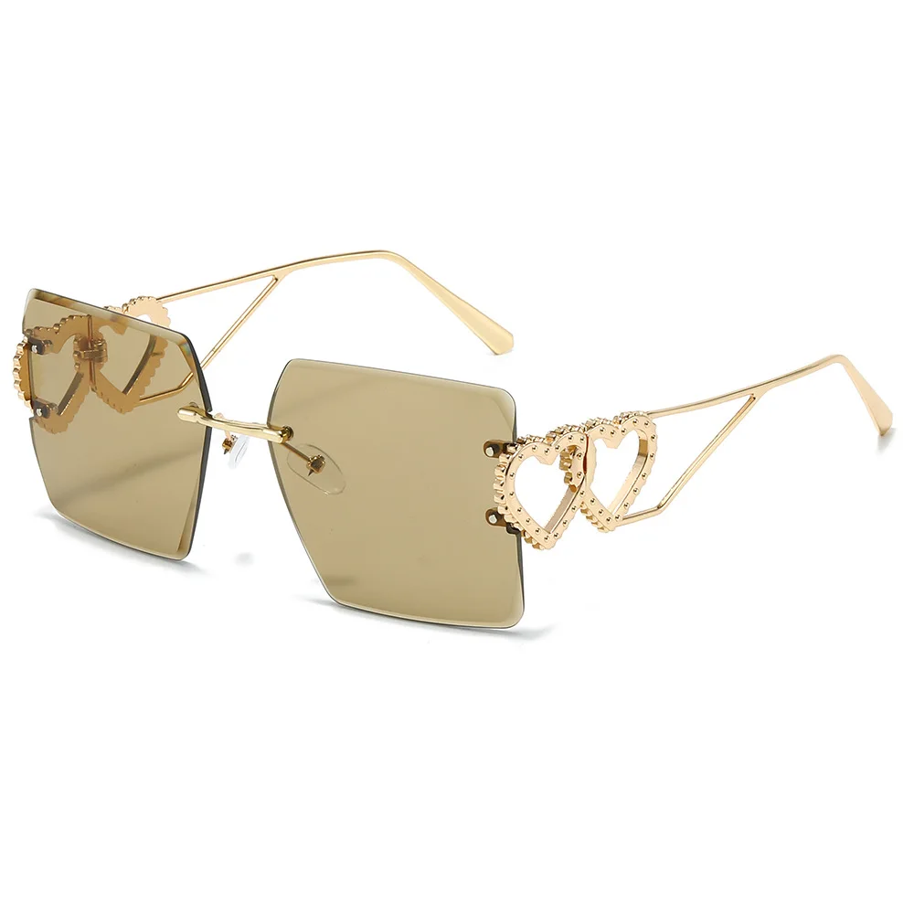 Oversized Frameless Square Gradient Sunglasses for Women Luxury Rimless Double Heart Arms Shades Beach Vacation Sun Glasses 2024