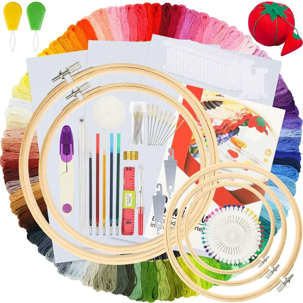 Embroidery Starter Kit Bamboo Embroidery Hoops, 100Color Threads, 12*18InchCount Classic Reserve Aida and Cross Stitch Tool Kit
