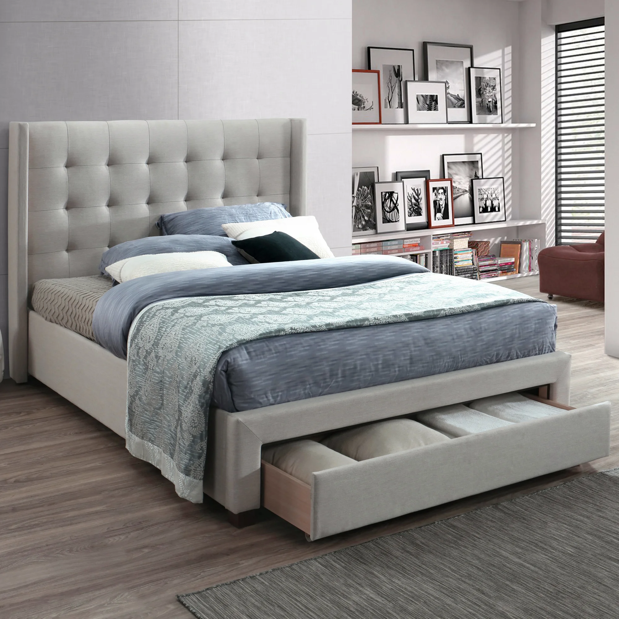 LVL Slats Storage Bed Frames With Drawer on the Footend and Button Tufted Design Bed Head Queen Size Low Price