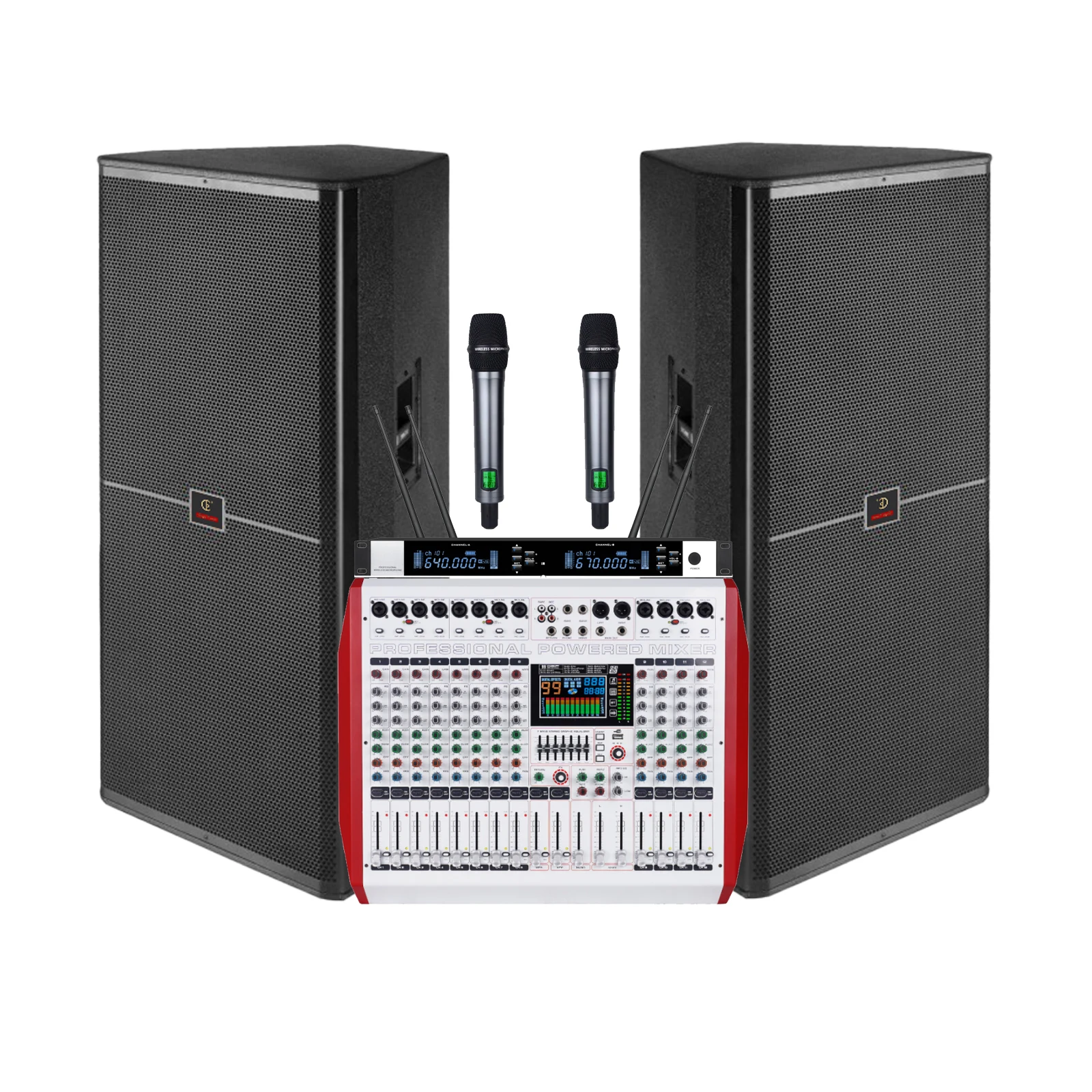 15インチダブルワイヤレスマイク＋700Wパワーアンプミキサーセット
