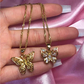Fashion Jewelry 18K Gold Plated Crystal Stainless Steel Zircon Butterfly Necklace