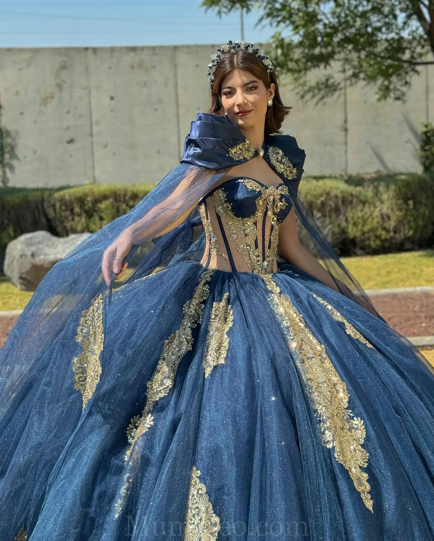 Mumuleo Navy Blue Quinceanera Dress with Gold Lace Appliques