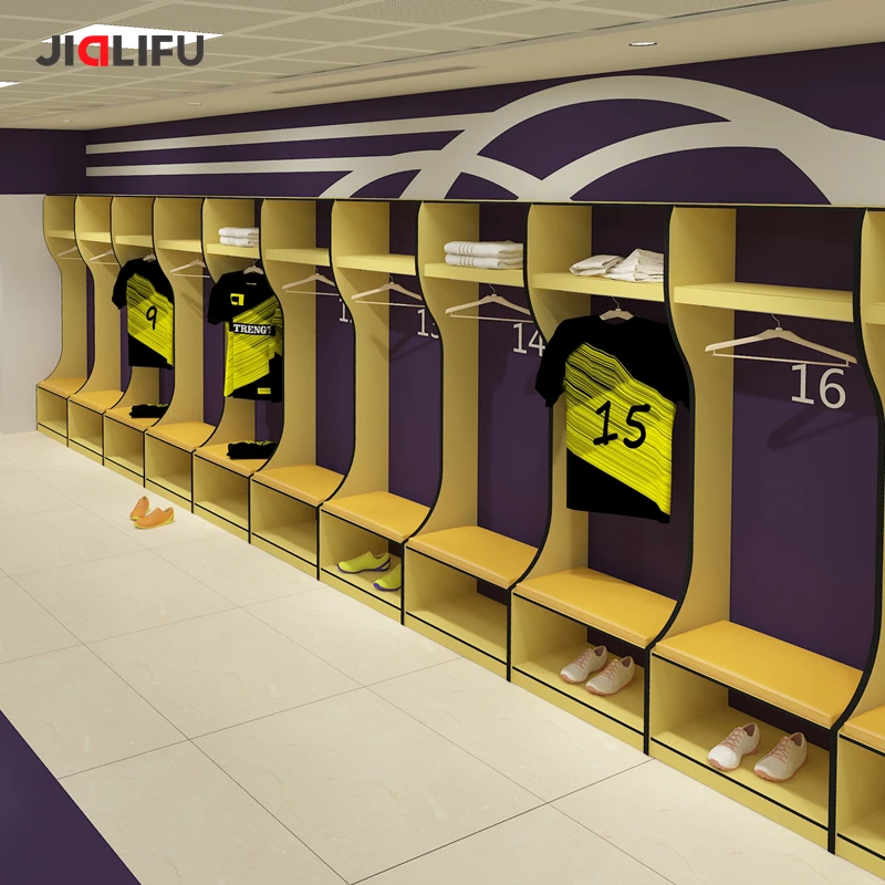 JIALIFU Customized Soccer Athlete Gym Locker HPL Wood Football Locker Room Includes Bench for Storage