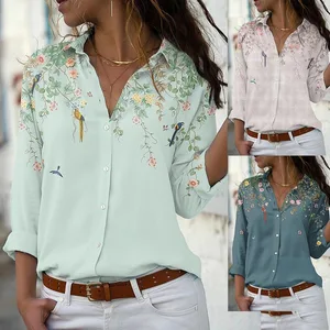 2026 Hot Selling Women's Fashionable Printed Top Casual Long Sleeved Loose Button up Shirt