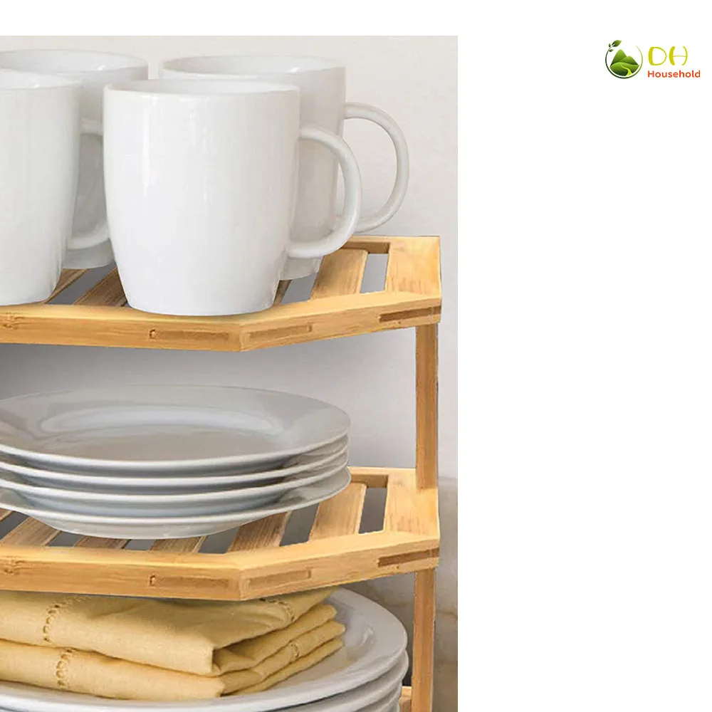 Bamboo Corner Shelf Storage Organizer 3 Tier Kitchen Corner Rack For
