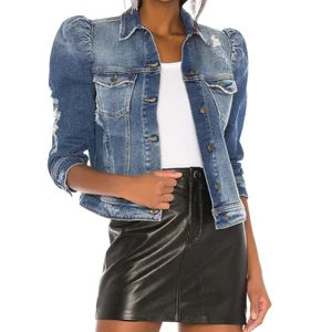 Latest Women's Denim Jacket Puff Sleeve Frayed Distressed Bleach Stone Washed Girls Blue Denim Jackets