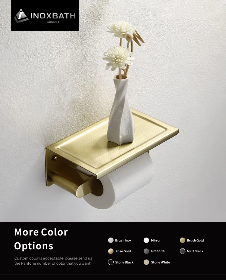 Beelee Solid Brass Toilet Paper Holder With Shelf – Wall-Mounted, Antique Brass Finish, Phone Storage, 7x3.5 Inches
