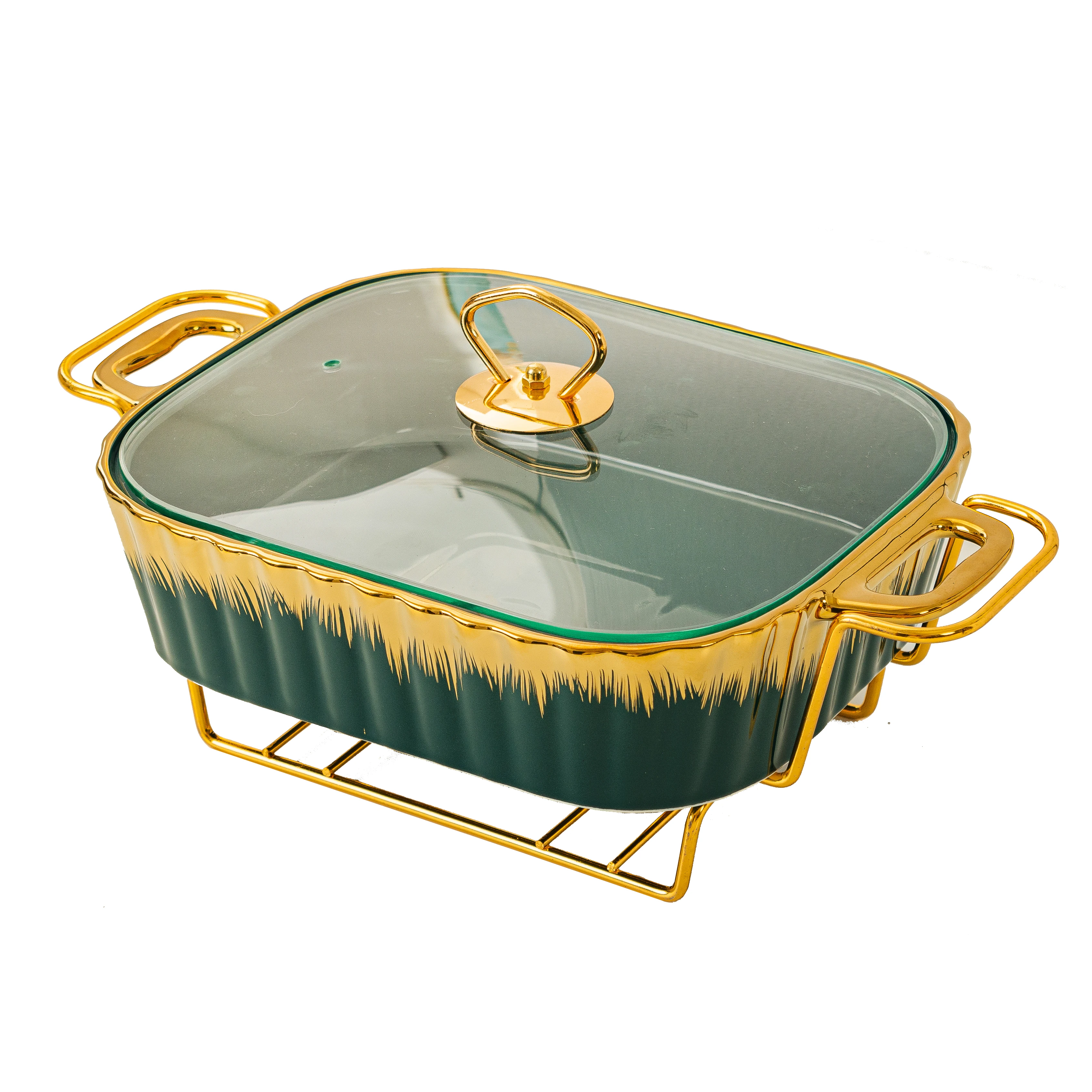 SYL Luxury  New Rectangular Gold Edge Ceramic Bakeware Casserole Ceramic Pot with Glass Lid Griddles Grill Pans Baking Tray