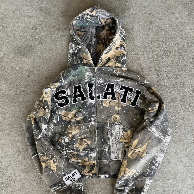 SALATI Custom Luxury Embroidery Streetwear Fleece Blank Vintage Oversized Faded Distressed Zip up Hoodie Streetwear