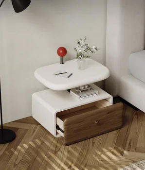 Modern Designer Bedside Table in Cream Tone Solid Wood Nightstand with Storage Shelf for Luxury Bedroom Organization
