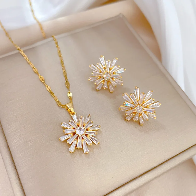 CAIOOCHE Flower Zircon Necklace Earrings - Fashion Jewelry