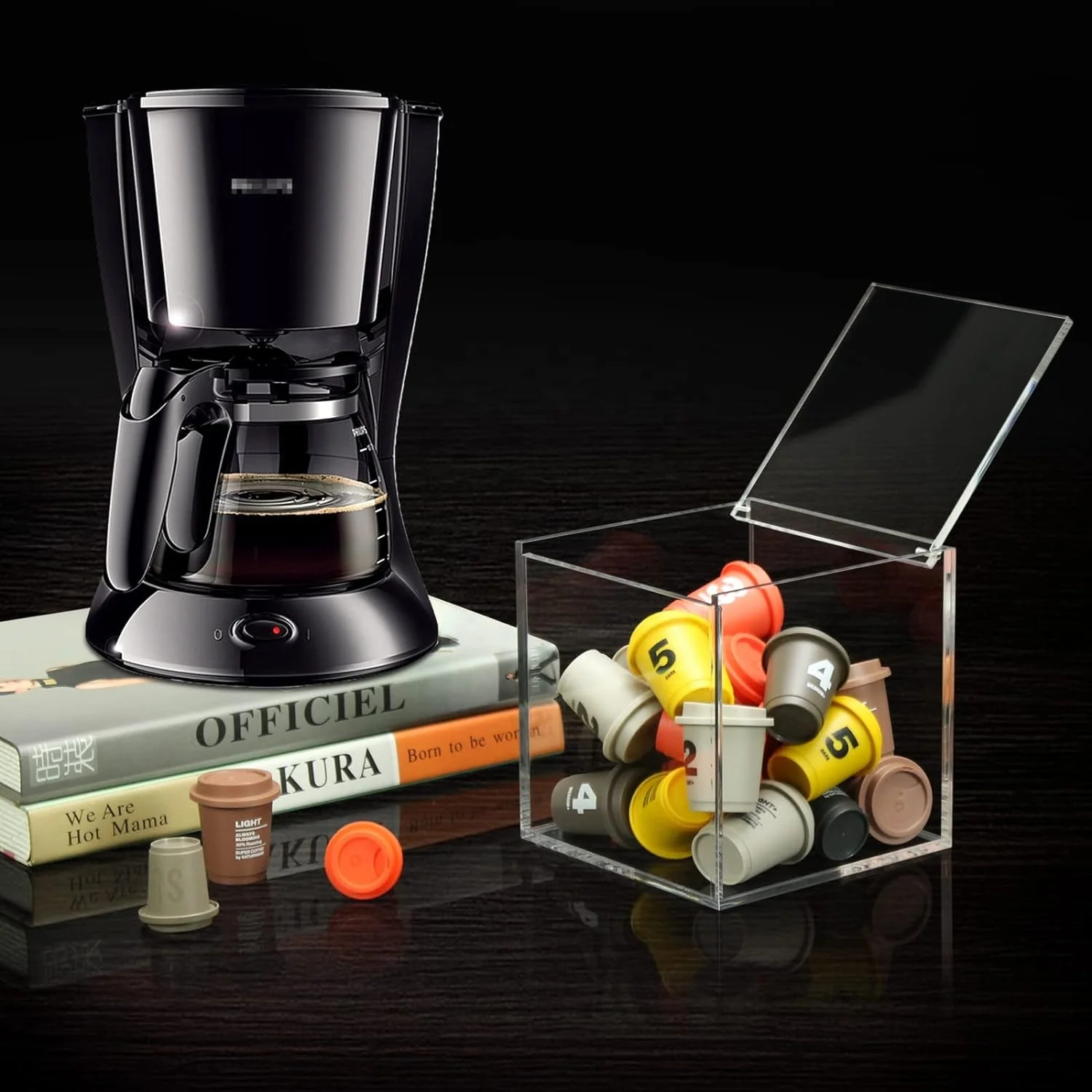 Contenitore Per Capsule Di Caffè In Metallo – Capacità 40 Capsule, Apertura Ribaltabile, Base Antiscivolo, Colore Nero, Per Bancone E Cucina