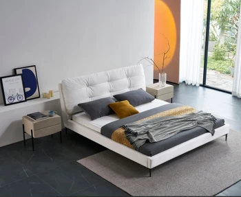 Luxury Up-holstered Beds Wood Frame Big Headboard Double Bed Set Modern Bedroom Furniture Italian Bed Queen King Genuine Leather