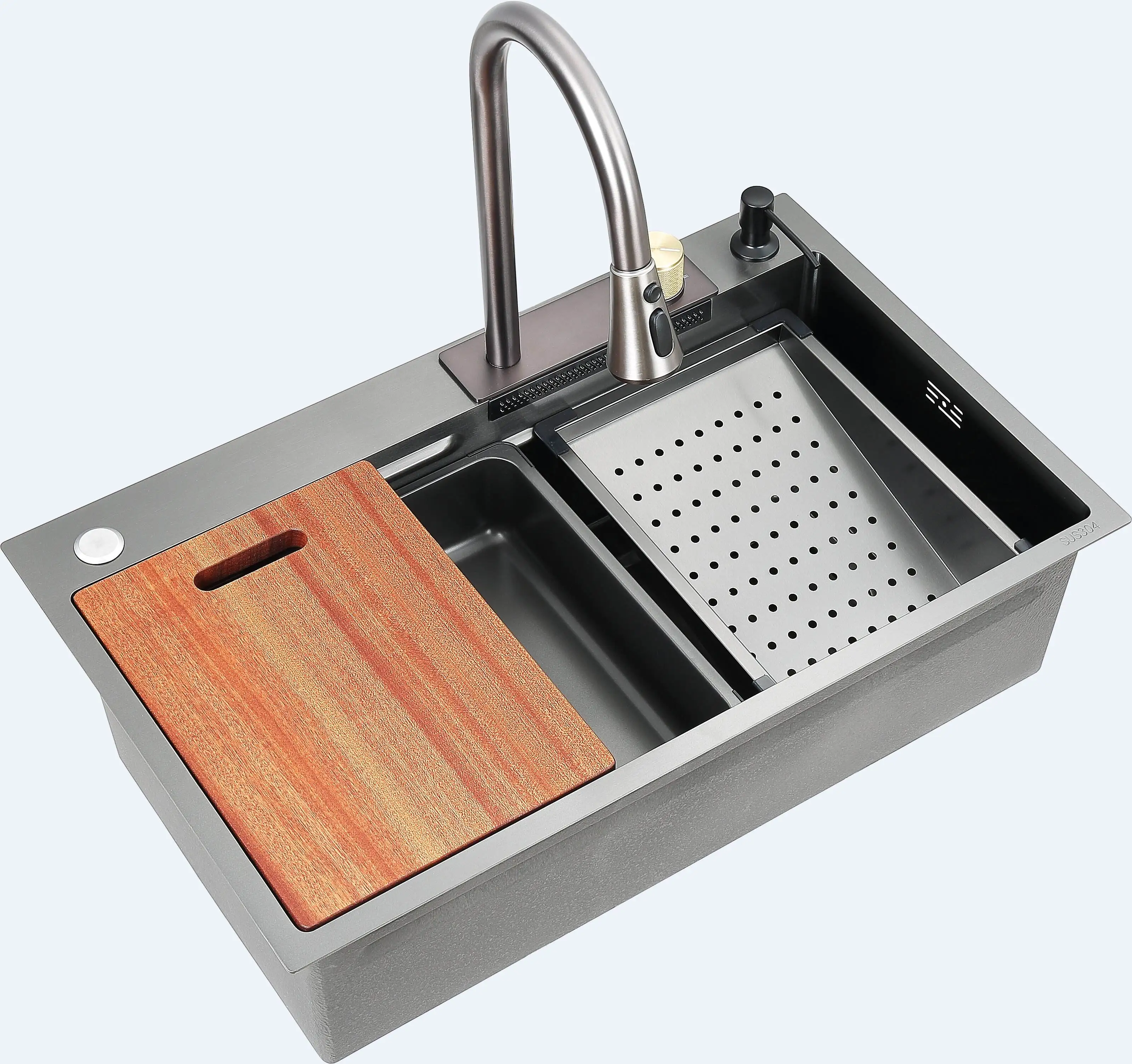 China Single Bowl Undermount 304 Stainless Steel Smart Multifunction Waterfall Kitchen Sink With Cup Washer