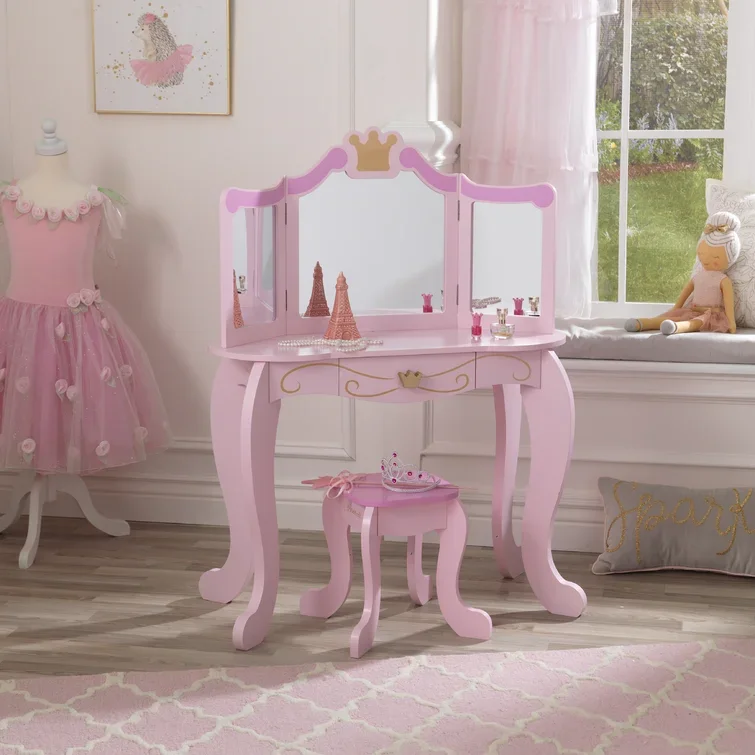 Ready to Ship Pink Kid Image Girl's Home Furniture Wooden Stool Mirror Dresser Desk Set Room Girls Bedroom Dressing Table