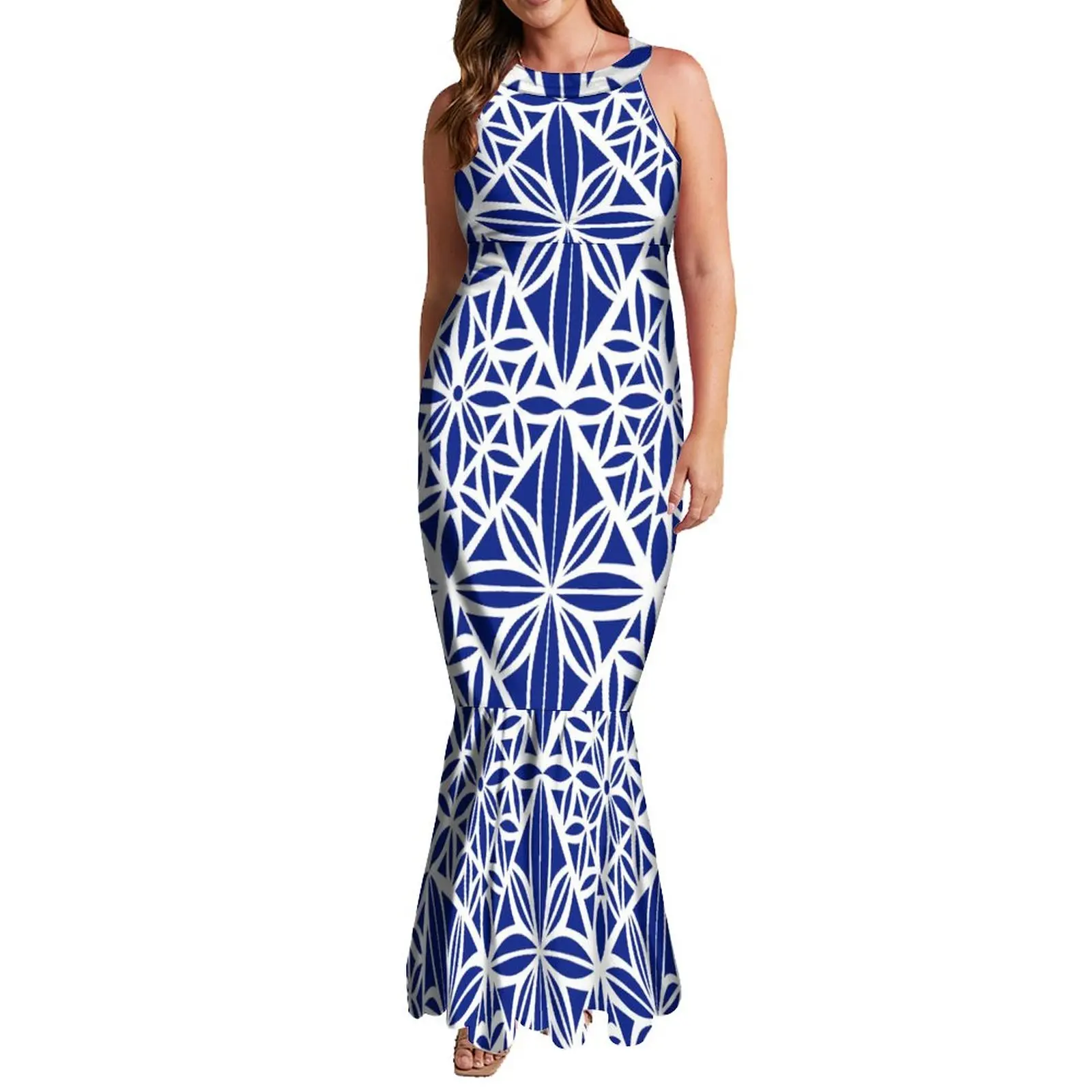 Pacific Island Dress Tapa Pattern Halter Fishtail Mermaid