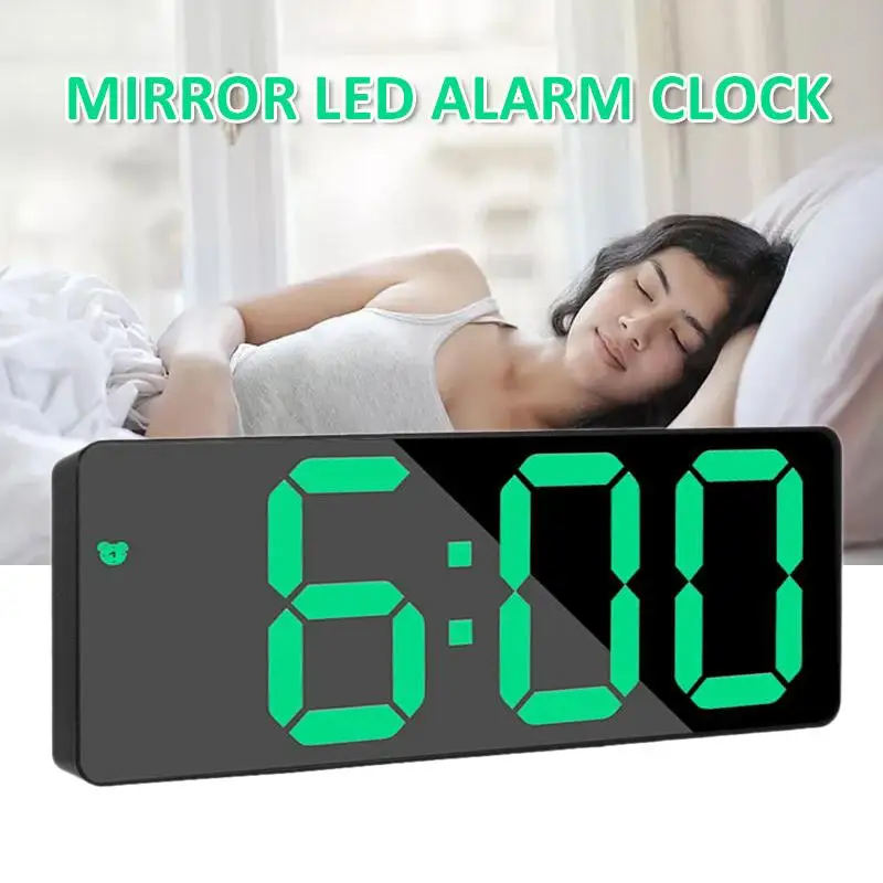Digital Mirror LED Screen Alarm Clock with Dual USB Charging Port Brightness Sensor for Bedroom Kitchen Hotel Table Desk