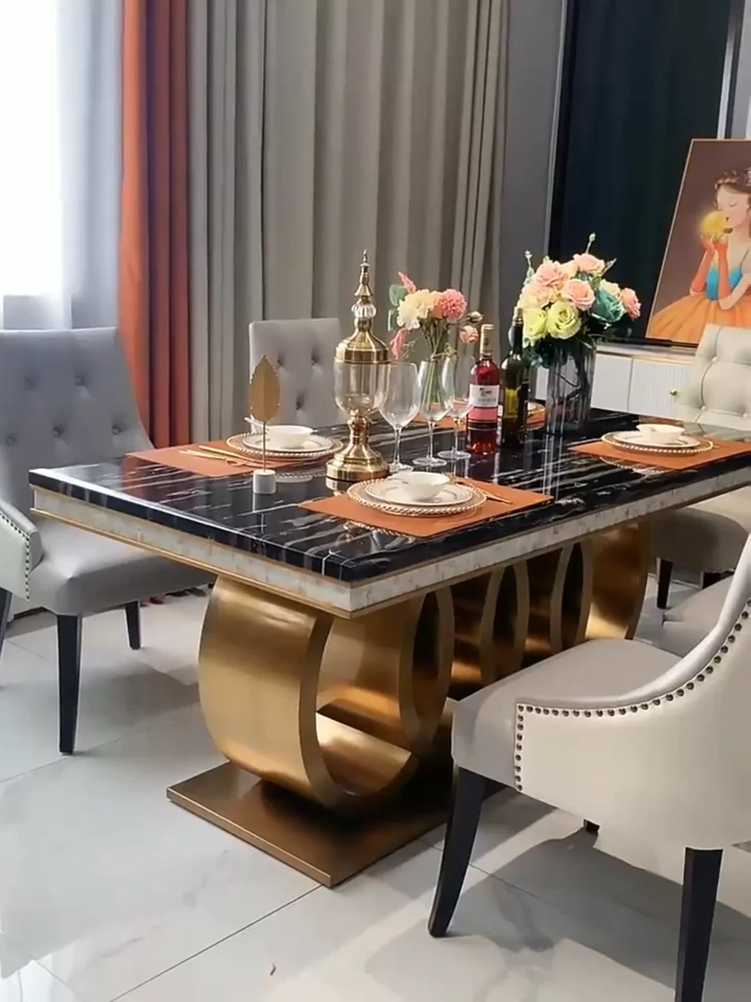 Modern Luxury Rectangular Marble Top Dining Table Set 4 Seater 6 8