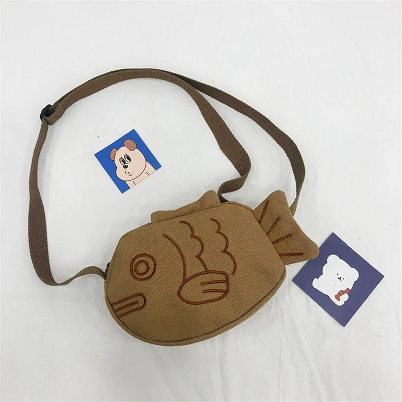 2024 Japanese Creative Soft Canvas Messenger Bag for Girls Cute Cartoon Embroidered Small Fish Stone Pattern Ugly Cute Handbag
