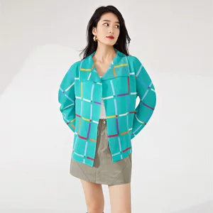 Women's Vintage Pleated Cardigan Top Woven Plaid Design Jacket With Stretch Lapel Loose Temperament for Spring Summer Autumn