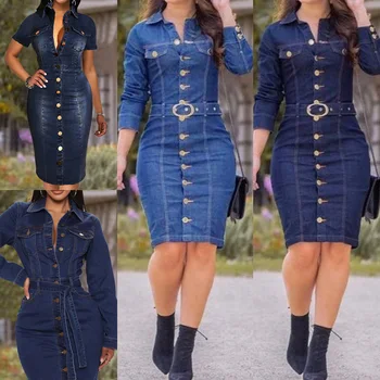 Hot sale summer denim dress womens casual dresses button up belted long sleeve bodycon knee-length jean dress for ladies