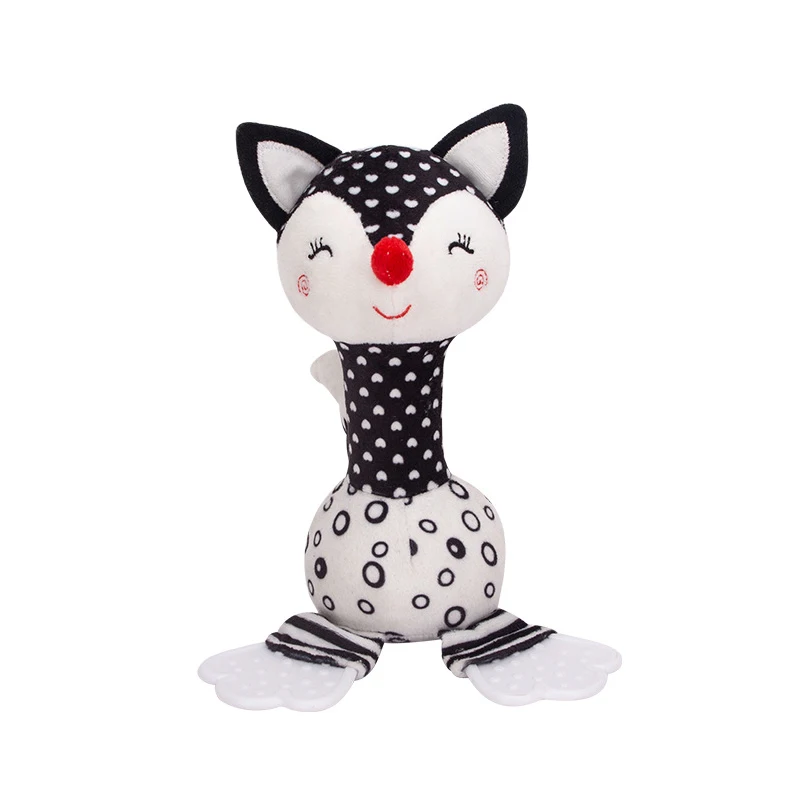 T037 Black and white hand bell baby cartoon fox elephant hand stick plush toy