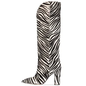Winter Shoes 2019 Zebra  Hair Chunky Heel Women Knee High Boots