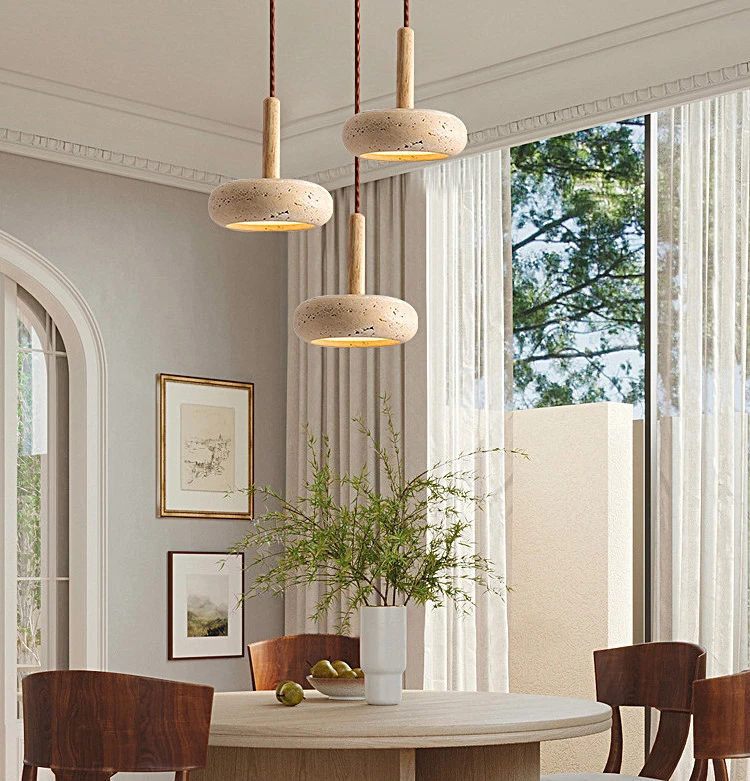 Natural Travertine Pendant Light Modern Wabi Sabi Stone Hanging Lamp Minimalist Dining Room Chandelier Wooden Accent Lighting