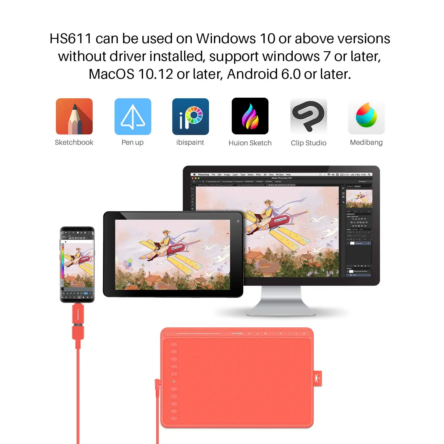 Huion HS611 Graphic Tablet Multimedia Keys Battery Free Pen