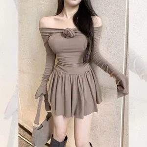 Off-shoulder Long-sleeve Dress Women's Three-dimensional Flower Hot Girl Close-fitting Waist Slimming A- Line Dress