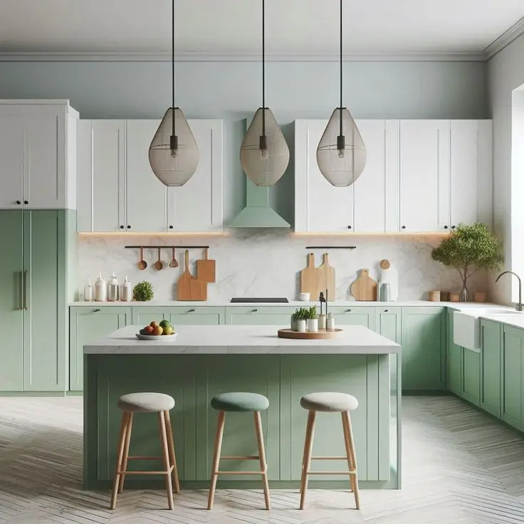 Double Custom Design Service Light Green Lacquer Modular Kitchen Cabinet Shaped Door